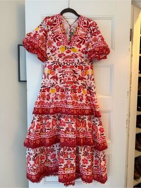 Farm Rio Tiered Midi Dress in Red, Pink & Yellow - size Medium